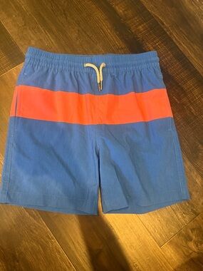 Boys Blue Fair Harbor Swim Shorts with Orange Stripe